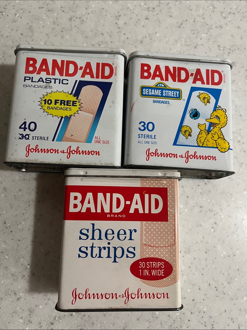 3 Vtg Metal Band Aid Tins Containers Empty 90s Sesame Street+ J & J Advertising